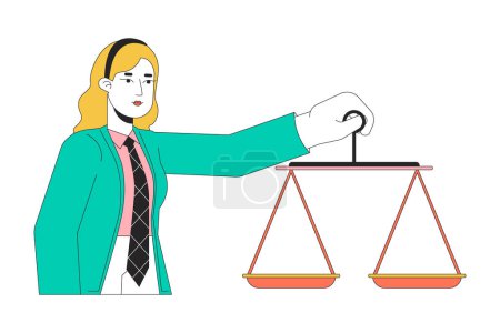 Illustration for Judge business woman holding balance scales 2D linear cartoon character. Blonde caucasian young female isolated line vector person white background. Trial verdict color flat spot illustration - Royalty Free Image