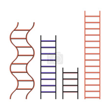 Verschiedene Leitern steigen 2D lineare Cartoon-Objekt. Klettern Treppe isolierte Linie Vektorelement weißen Hintergrund. Ziele erreichen. Karriereentwicklung Treppe Farbe Wohnung Ort Illustration