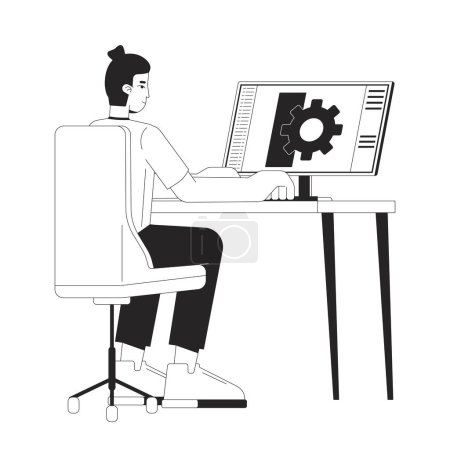 Ilustración de Técnico mecánico sentado en la computadora en blanco y negro personaje de dibujos animados 2D línea. Hombre ingeniero automotriz aislado vector contorno persona. Diseñador de engranajes monocromático plano punto ilustración - Imagen libre de derechos