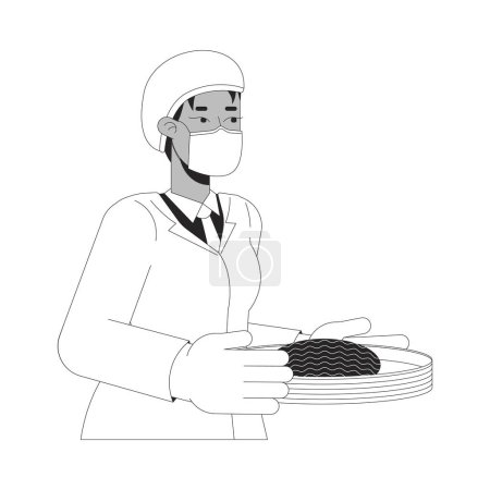 Schwarze weibliche Lebensmitteltechnologin schwarz und weiß 2D-Zeichentrickfigur. Afrikanisch-amerikanischer Techniker, der rohes Fleisch isolierte Vektorumrisse hält. Wissenschaftler monochromatische Flachbild-Illustration