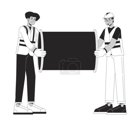 Contratistas de tuberías que llevan tubos de metal en blanco y negro personajes de dibujos animados de línea 2D. Diversos constructores masculinos aislados esbozan personas. Construcción de tuberías monocromática plano punto ilustración
