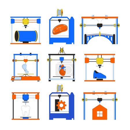 3D printed products and parts 2D linear cartoon objects set. Additive manufacturing machines isolated line vector elements white background. 3D printers color flat spot illustration collection