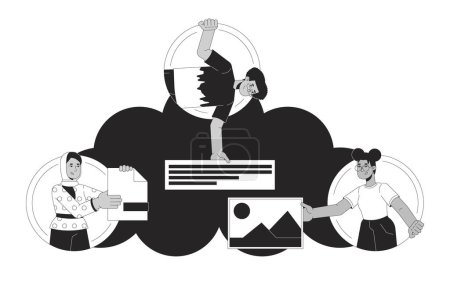 Illustration for Cloud storage black and white 2D illustration concept. Software development team cartoon outline character isolated on white. Cloud-based collaborative workspacemetaphor monochrome vector art - Royalty Free Image