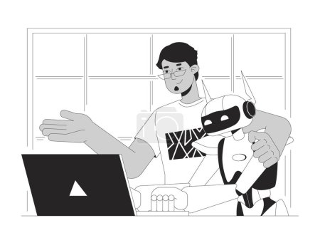 AI integration black and white cartoon flat illustration. Engineer teaching robot to develop software 2D lineart characters isolated. Machine learning technology monochrome scene vector outline image