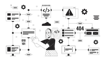 Computer network black and white 2D illustration concept. Software engineer working with digital data cartoon outline character isolated on white. Software development metaphor monochrome vector art