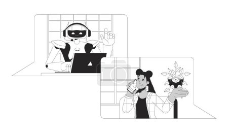 Ilustración de Consultor en IA concepto de ilustración 2D en blanco y negro. Asistente de robot contestando preguntas del cliente contorno de dibujos animados personaje aislado en blanco. Desarrollo de software metáfora arte vectorial monocromo - Imagen libre de derechos