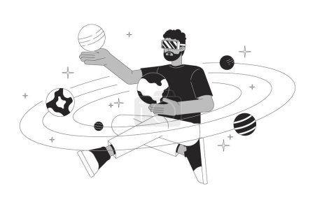 Illustration for VR experience black and white 2D illustration concept. User with virtual reality goggles learning solar system cartoon outline character isolated on white. Software metaphor monochrome vector art - Royalty Free Image