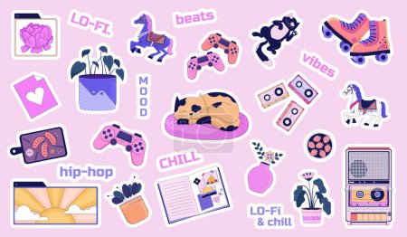 Illustration for Relaxing 80s chillout cute stickers sheet. Roller skates, cassette tape, horses vector illustration set. Sleeping cats 2D images scrapbooking lo fi. Plants cartoon printables inspirational words - Royalty Free Image