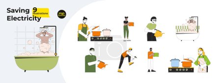 Illustration for Saving electricity at home line cartoon flat illustration bundle. Diverse adults 2D lineart characters isolated on white background. Housework chores, cooking on stove vector color image collection - Royalty Free Image