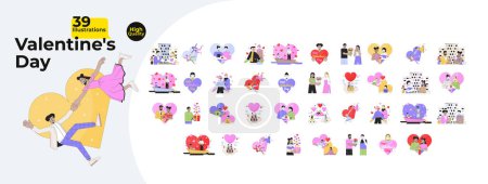Romance Valentines day 2D linear illustrations concepts bundle. Diverse couple cartoon characters isolated on white. Romantic 14 february metaphors abstract flat vector outline graphic collection