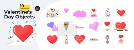 Ilustración de Día de San Valentín romántico paquete de objetos de dibujos animados lineales 2D. 14 febrero sorpresa fecha decoraciones aislado línea vector elementos fondo blanco. Confesión amor color plano punto ilustración colección - Imagen libre de derechos