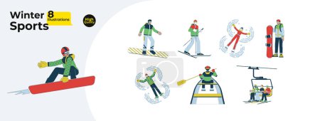 Téléchargez les illustrations : Station de ski dans les montagnes enneigées ligne dessin animé plat illustration bundle. Ski lift, snowboarder skier vêtements de plein air personnages 2D linéaires isolés sur fond blanc. Collection d'images vectorielles couleur hiver - en licence libre de droit