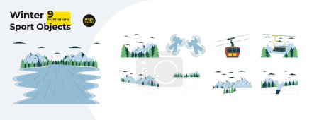 Resort winter season 2D linear cartoon objects bundle. Skilift, snowboarding mountainside isolated line vector items white background. Wintertime landscapes color flat spot illustration collection