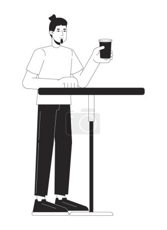 Guest male drinking coffee at table black and white 2D line cartoon character. Caucasian man in cafe isolated vector outline person. Ordering beverage in cafeteria monochromatic flat spot illustration