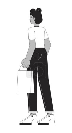 African american woman with shopping bag black and white 2D line cartoon character. Black female shopper isolated vector outline person. Purchasing goods for fun monochromatic flat spot illustration