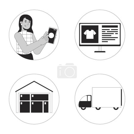 Illustration for Indian woman at dropshipping 2D linear cartoon objects and character set. Entrepreneurship isolated line vector elements and person white background. Business monochromatic flat spot illustrations - Royalty Free Image