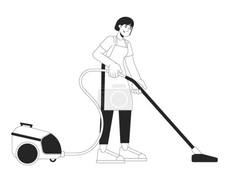 Illustration for Asian woman with vacuum cleaner black and white 2D line cartoon character. Hoovering housewife isolated vector outline person. Cleaning service business idea monochromatic flat spot illustration - Royalty Free Image