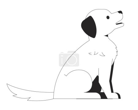 Freundlicher Hund sitzt schwarz und weiß 2D-Zeile Zeichentrickfigur. Pedigreed Welpen. Flauschige Eckzahn Begleiter isolierten Vektor Umriss Tier. Tierärztlicher Dienst Monochromatische Flachbild-Illustration