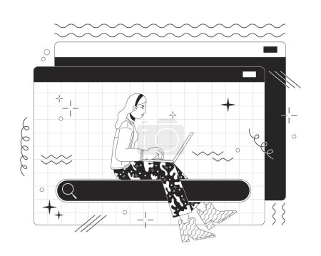 Illustration for Seeking data online 2D linear illustration concept. Woman searching information via laptop cartoon outline character isolated on white. Web sources usage metaphor monochrome vector art - Royalty Free Image
