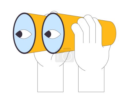 Illustration for Holding powerful binoculars linear cartoon character hands illustration. Optical device to observe distant items outline 2D vector image, white background. Tourist supplies editable flat color clipart - Royalty Free Image