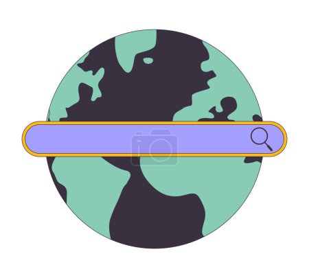 Illustration for Search bar on globe 2D linear cartoon object. International internet browser. Global network isolated line vector element white background. Access to digital data color flat spot illustration - Royalty Free Image