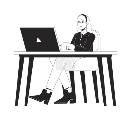 Illustration for White-collar worker typing laptop workplace black and white 2D line cartoon character. European female isolated vector outline person. Corporate employee in office monochromatic flat spot illustration - Royalty Free Image