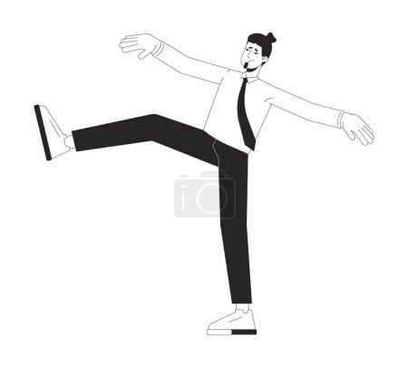 Gleichgewicht verlieren männliche Büroangestellte schwarz und weiß 2D-Linie Zeichentrickfigur. Instabiler Mann, der auf einem Bein steht, isoliert Vektorumrandung Person. Job Instabilität monochromatische flache Stelle Illustration
