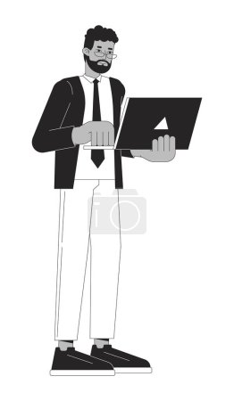 Black adult male office worker holding laptop black and white 2D line cartoon character. African american man employee isolated vector outline person. Startuper monochromatic flat spot illustration