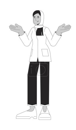 Shrugging office worker muslim hijab black and white 2D line cartoon character. Arab female corporate employee isolated vector outline person. Team member woman monochromatic flat spot illustration