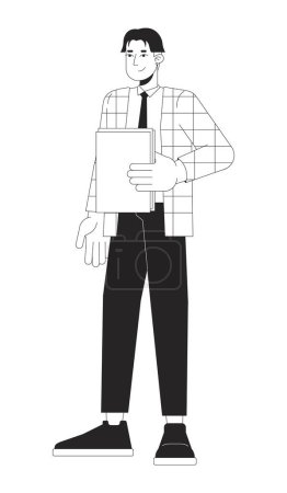 Asian male office worker holding paperwork black and white 2D line cartoon character. Korean adult corporate employee isolated vector outline person. Team member monochromatic flat spot illustration