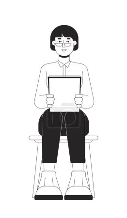 Illustration for Eyeglasses asian woman job applicant black and white 2D line cartoon character. Corporate korean female isolated vector outline person. Professional workplace monochromatic flat spot illustration - Royalty Free Image