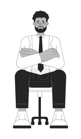 Illustration for Eyeglasses bearded black male job candidate black and white 2D line cartoon character. Crossed arms african american man isolated vector outline person. Worker monochromatic flat spot illustration - Royalty Free Image