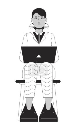 Illustration for Indian woman job seeker black and white 2D line cartoon character. Typing laptop south asian female isolated vector outline person. Meeting appointment interview monochromatic flat spot illustration - Royalty Free Image