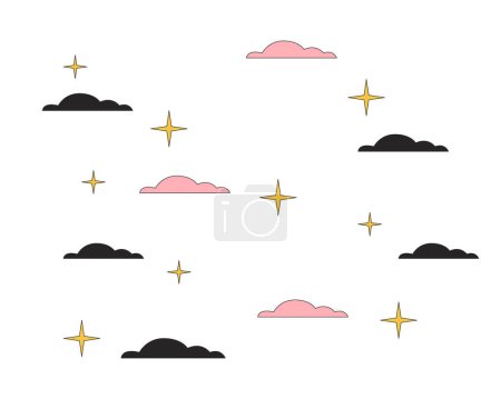 Illustration for Sparkling stars in night sky clouds 2D linear cartoon object. Starry night. Twinkling stars isolated line vector element white background. Midnight nighttime magic color flat spot illustration - Royalty Free Image