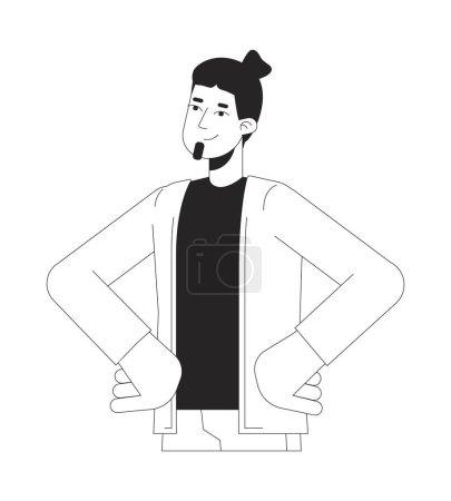 Determined professional man hands on hips black and white 2D line cartoon character. Bearded caucasian male isolated vector outline person. Office worker satisfied monochromatic flat spot illustration