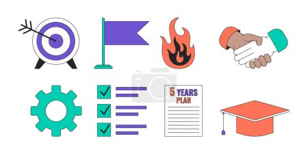 Building career 2D linear cartoon objects set. Professional education achievement goals isolated line vector elements white background. Handshake, burnout color flat spot illustration collection