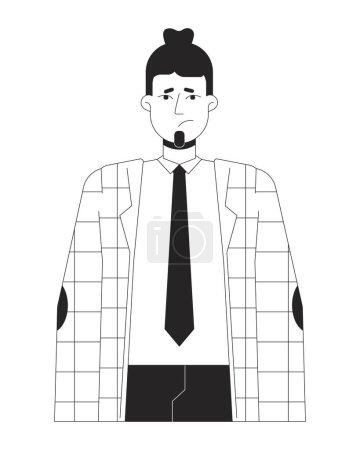 Illustration for Caucasian male office worker unhappy black and white 2D line cartoon character. Upset downhearted adult isolated vector outline person. Sad man employee sighing monochromatic flat spot illustration - Royalty Free Image
