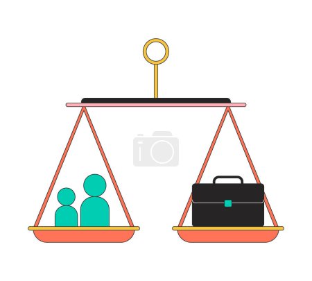 Work life balance scale 2D linear cartoon object. Professional and personal life stability equilibrium isolated line vector element white background. Comparison color flat spot illustration