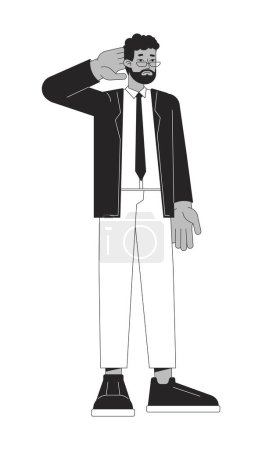 Frustrated business man rubbing neck black and white 2D line cartoon character. African-american male manager isolated vector outline person. Confused eyeglasses monochromatic flat spot illustration