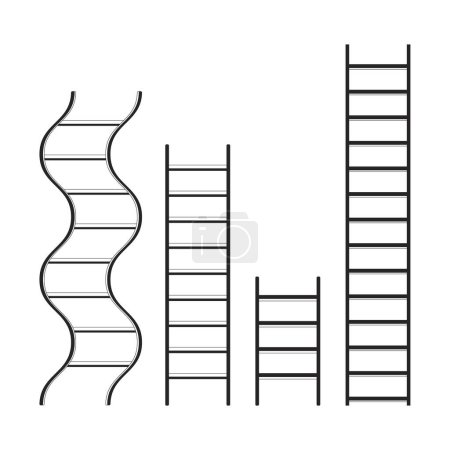 Different ladders rising up black and white 2D line cartoon object. Achieve targets. Career development stairs isolated vector outline item. Climbing stairway monochromatic flat spot illustration