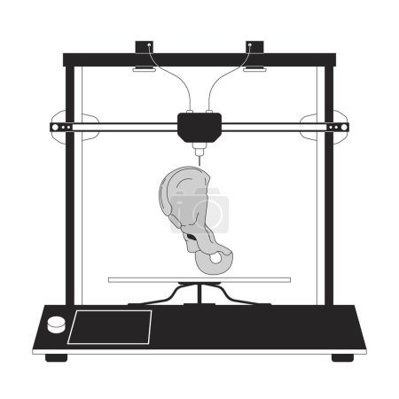 Faja pélvica en la impresora 3D blanco y negro 2D línea de dibujos animados objeto. Fabricación aditiva pelvis huesos aislados vector contorno elemento. Tecnología tridimensional monocromático plano punto ilustración