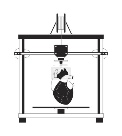 Coeur artificiel sur imprimante 3D noir et blanc objet de dessin animé ligne 2D. Dispositif de fabrication additive élément vectoriel isolé contour. Illustration tridimensionnelle de taches plates monochromatiques