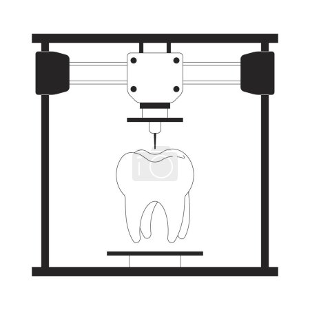 Téléchargez les illustrations : Denture d'implant dentaire sur imprimante 3D noir et blanc objet de dessin animé de ligne 2D. Dispositif de fabrication additive élément vectoriel isolé contour. Illustration tridimensionnelle de tache plate monochromatique Tech - en licence libre de droit