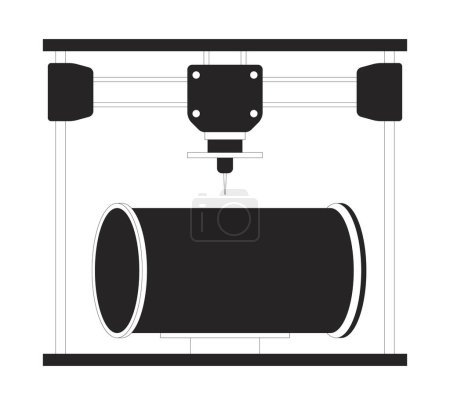 Pipeline part on 3d printer black and white 2D line cartoon object. Additive manufacturing device isolated vector outline item. Technology three-dimensional monochromatic flat spot illustration