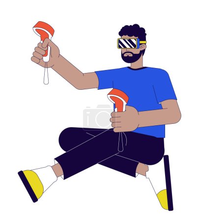 Black guy VR gamer 2D linear cartoon character. African american man with vr glasses and controllers isolated line vector person white background. Future of video games color flat spot illustration