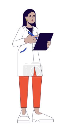 Ilustración de Doctora con portapapeles 2D personaje de dibujos animados lineales. Trabajador sanitario. Mujer especialista médico aislado línea vector persona fondo blanco. Asistente de laboratorio en la ilustración plana del punto del color de la bata - Imagen libre de derechos