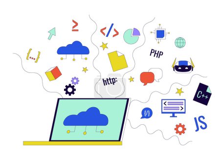 Illustration for Cloud based software development 2D linear cartoon object. Saas technology in programming isolated line vector element white background. Web design online tools color flat spot illustration - Royalty Free Image