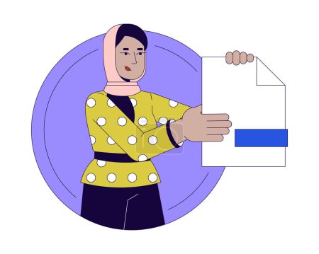 Illustration for Muslim office worker with paper 2D linear cartoon character. Female manager holding document isolated line vector person white background. Business paperwork control color flat spot illustration - Royalty Free Image