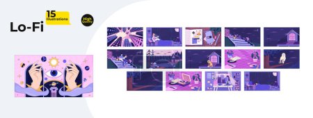 Relaxing atmospheric lofi wallpapers bundle. Cozy nighttime 2D cartoon flat illustration collection. Vinyl player, diary memories, study chill vector art, lo fi aesthetic colorful backgrounds set
