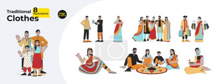 Téléchargez les illustrations : Multiculturel diwali personnes ligne bande dessinée plat illustration bundle. Porter des caractères indiens linéaires 2D isolés sur fond blanc. Hindou deepawali festival vecteur couleur image collection - en licence libre de droit